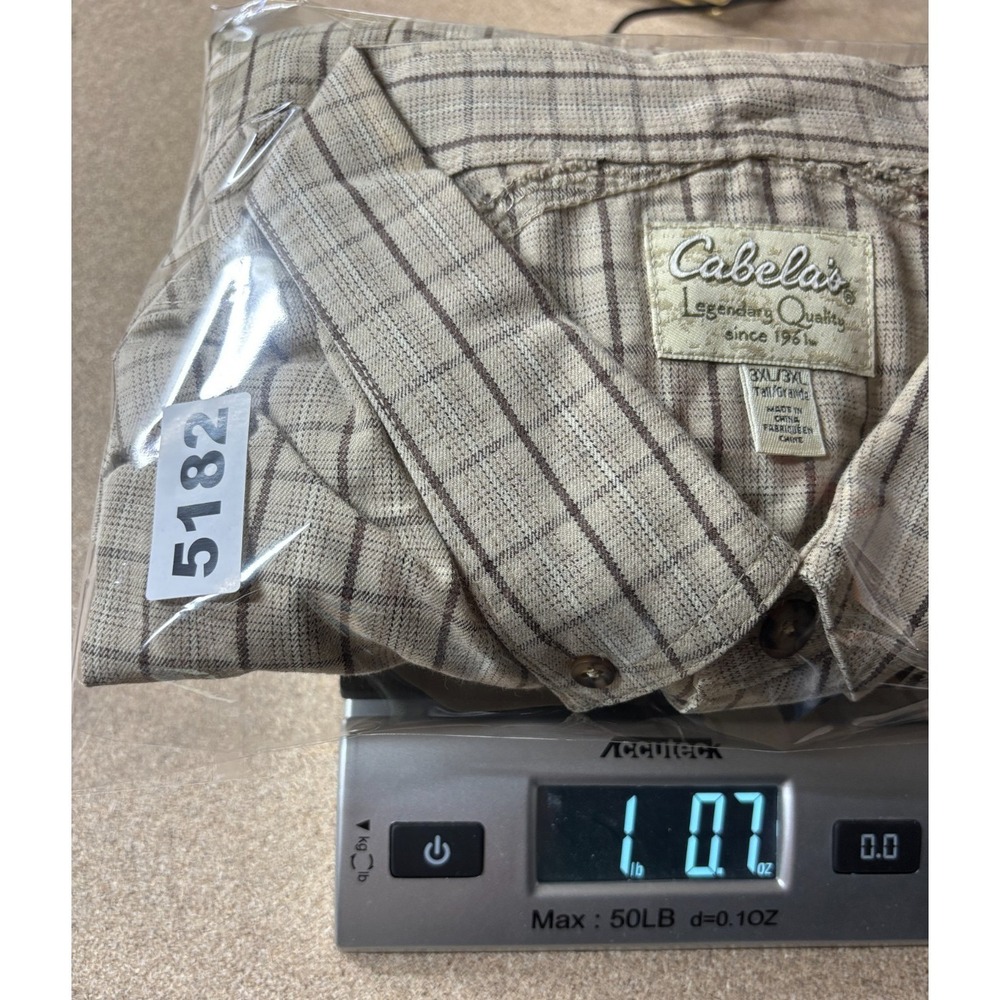 Cabelas Button Up Shirt Mens 3XLT Tall Khaki Brown Plaid Cotton Outdoors - Picture 11 of 11